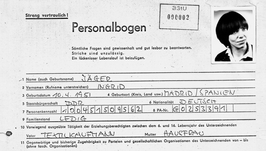Susanne Albrecht’s (now Ingrid Jäger) MfS personnel files. Her new beginning under socialism means accepting a life under surveillance; Albrecht is utilized as an IM (Inoffizieller Mitarbeiter, or “unofficial collaborator”) named “Ernst Berger,” but is simultaneously monitored herself by other IMs. 